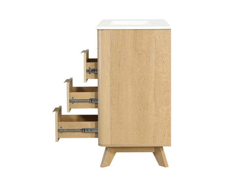  Meuble vasque salle de bain bois naturel 81 cm avec 3 tiroirs, doubles portes et étagère  - Conforama E