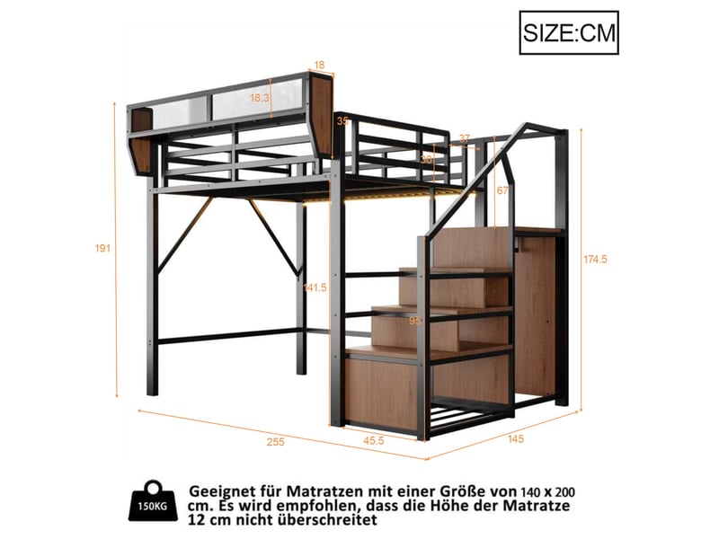  Lit mezzanine 140x200 cm en métal - échelle de sécurité - rangement flexible - bandeau led multicolore - noir  - Conforama C