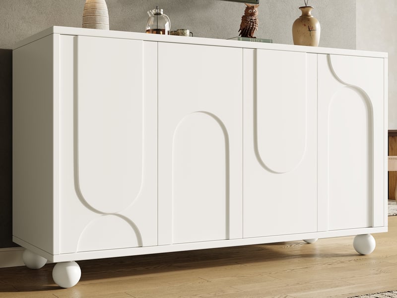  Buffet 120 cm blanc, 2 portes à relief, pieds boule en pin massif  - Conforama B