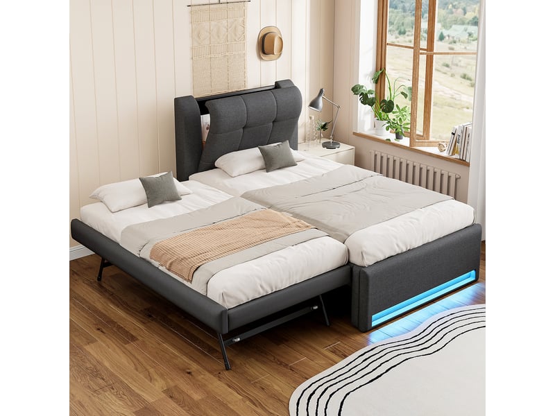  Lit rembourré 90x200 cm avec lit gigogne, éclairage led et sommier à lattes, lin gris  - Conforama B