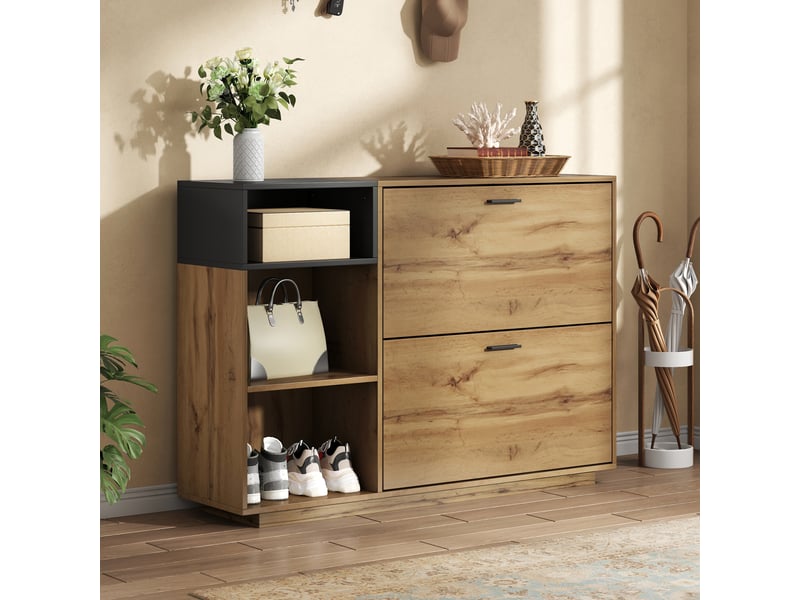 Meuble à chaussures en mdf effet bois, 2 abattants et 3 niches, rangement jusqu'à 12 paires pour entrée, 120 x 32 x 84,5 cm - Conforama E