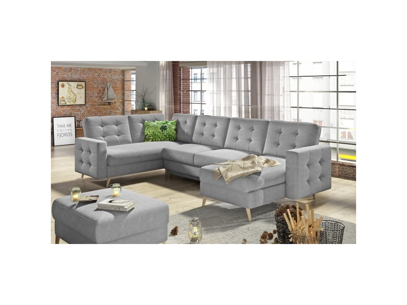  Canapé d'angle panoramique convertible hasgard u 326 cm gris clair avec coffre  - Conforama B
