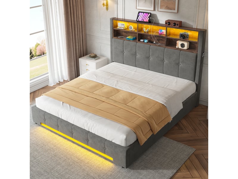  Lit coffre double 160×200 cm avec led réglable et usb-c - okmyhome- 6 étagères, velours gris foncé, sans matelas  - Conforama C