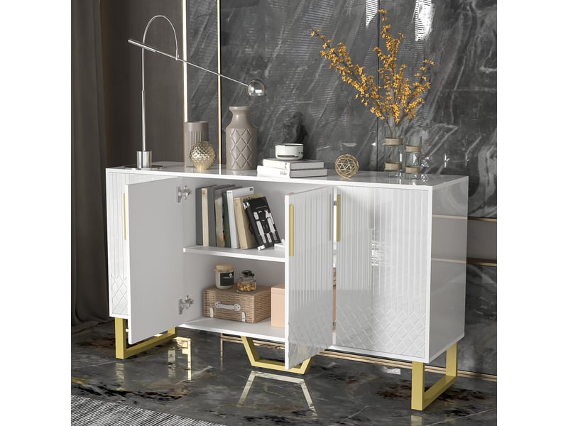  Meuble de cuisine muvano, buffet blanc brillant 4 portes à relief géométrique, 140 × 40 × 80 cm  - Conforama D