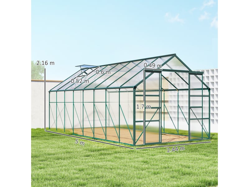  Serre de jardin en polycarbonate, métal et aluminium, anti-uv et coupe-vent, 244 x 500 x 216 cm, verte  - Conforama E