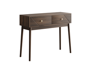 Console 100x35x80 cm – noyer foncé – 2 tiroirs à relief ondulé, rangement et style rétro moderne