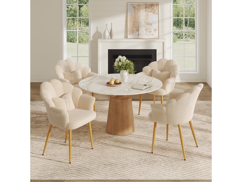  Lot de 4 fauteuils de salle à manger avec dossier pétale, accoudoirs, coussin nœud et pieds en métal doré, tissu bouclette teddy,beige evarich - Conforama B