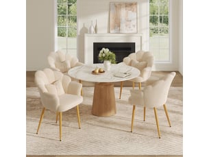 Lot de 4 fauteuils de salle à manger avec dossier pétale, accoudoirs, coussin nœud et pieds en métal doré, tissu bouclette teddy,beige
