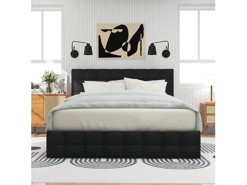  Lit double 140x200 cm avec 4 tiroirs, sommier à lattes et tête de lit réglable noir  - Conforama E