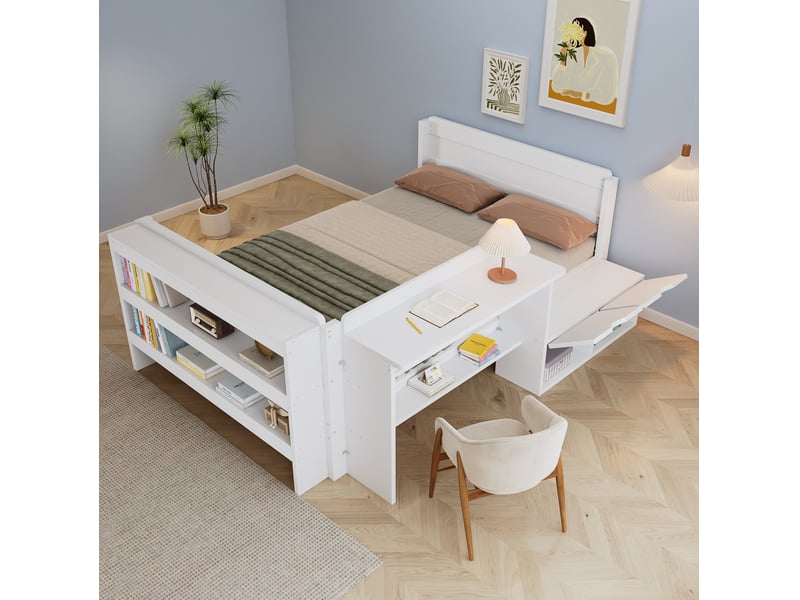 Lit combiné modenvie avec bureau et rangements, couchage 120 x 200 cm, blanc  - Conforama E