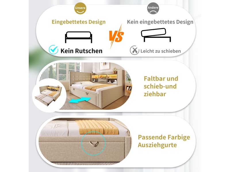  Lit gigogne 90x200 capitonné en lin beige avec led et ports usb - rangement intégré et sommier inclus  - Conforama E