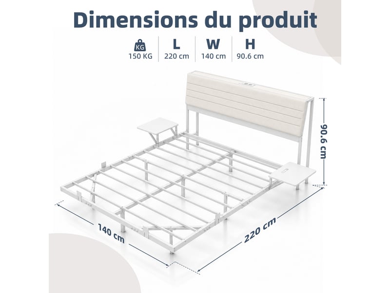  140x190cm-led-plateau de table pour tête de lit-cadre de lit tapissier- lit double-led-usb-type-c, gris  - Conforama B