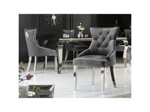 Lot de 2 chaises chesterfield regina grises en velours matelassé – tête de lion argentée, clous décoratifs et pieds en acier