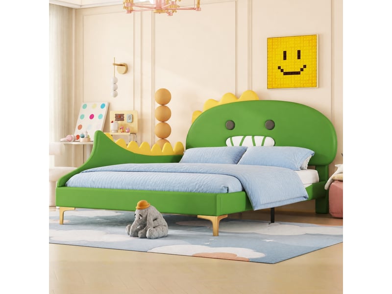  Lit enfant 140 x 200 cm forme dinosaure, en pu et mdf, avec sommier à lattes vert  - Conforama B