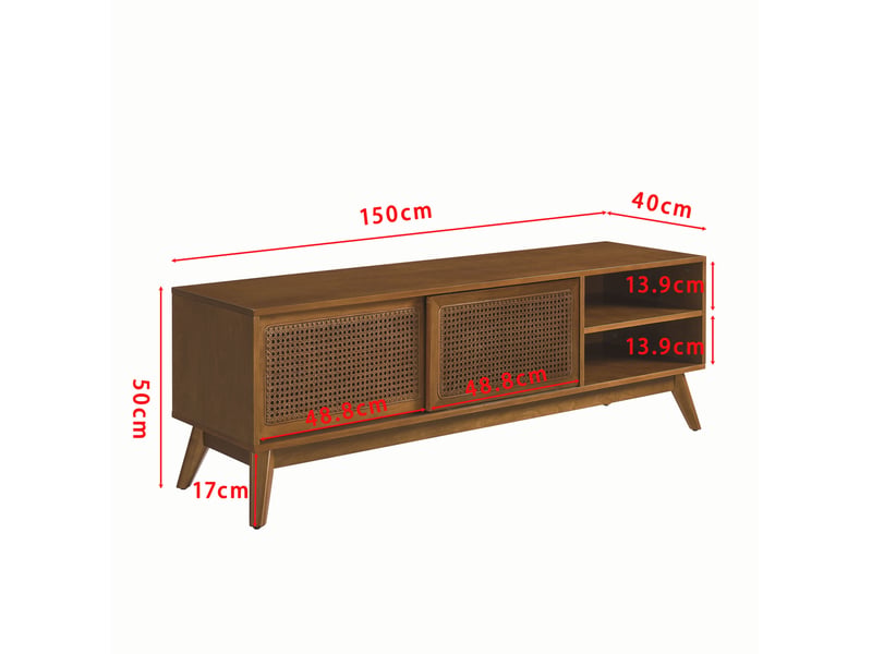 Meuble tv en rotin avec 2 portes coulissantes et 2 niches ouvertes, pieds réglables, pour salon, noyer, bois et mdf - Conforama D