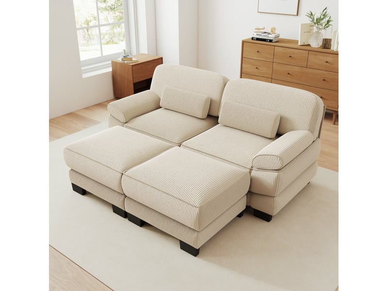 Canapé modulable modenvie 2 places avec 2 poufs en velours côtelé beige - Conforama D