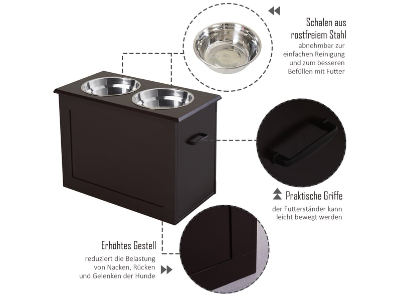  Station repas animaux 60x30x41 cm – marron – 2 bols en acier inoxydable, rangement dissimulé pratique  - Conforama D