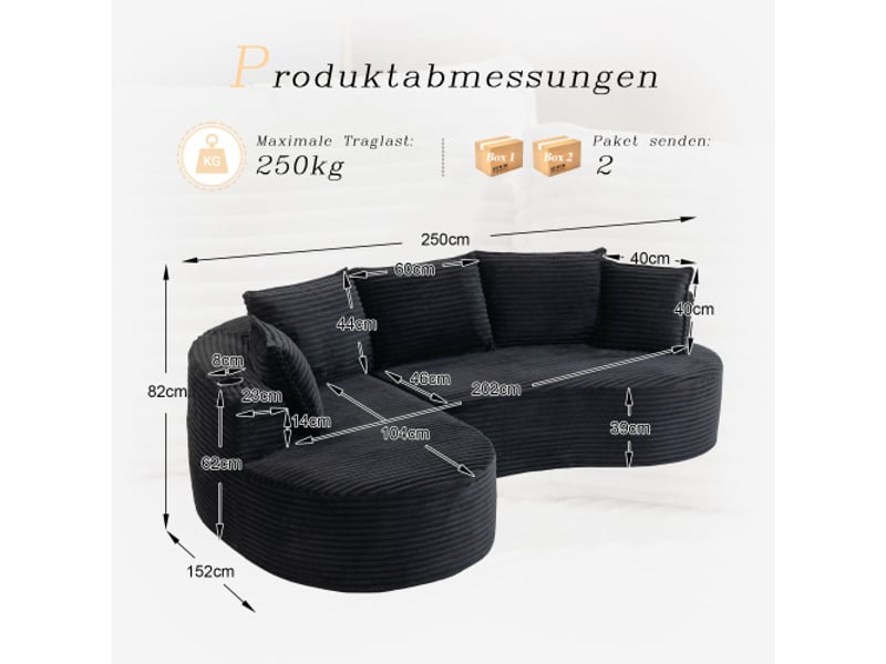  Canapé velours côtelé doux avec porte-gobelets et poche – mousse haute densité, coussin comprimé prêt à l’emploi  - Conforama C