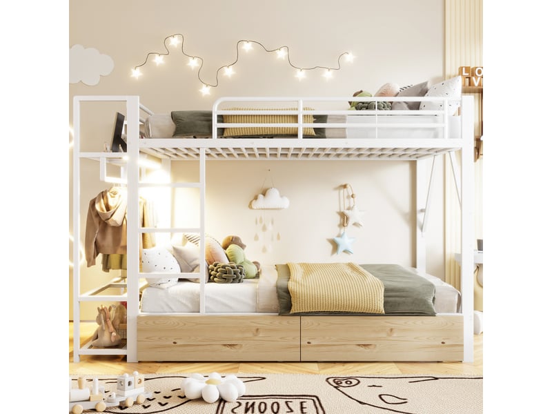 Lit superposé, 140 x 200 cm, structure en fer, 2 tiroirs, plusieurs étagères, éclairage led, penderie, blanc  - Conforama C