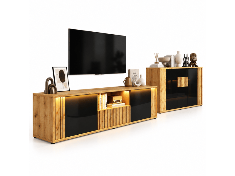  Ensemble meuble tv 180 cm et buffet 140 cm, noir et bois, pour tv 75 pouces  - Conforama E