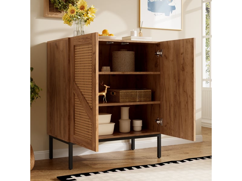  Buffet bas 70x38,5x80 cm, meuble de rangement 2 portes en rotin, 2 étagères réglables, pieds en métal, panneau de particules, naturel OMNIGLINT TRADING LTD - Conforama E