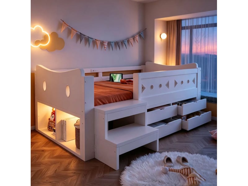  Lit enfant 90 × 200 cm 1 place avec barrières, 4 tiroirs, led, usb et port type c, sans matelas, blanc  - Conforama C