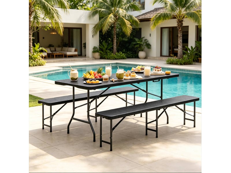  Ensemble de jardin pliable noir, table 180 x 70 x 74 cm et 2 bancs en hdpe  - Conforama D