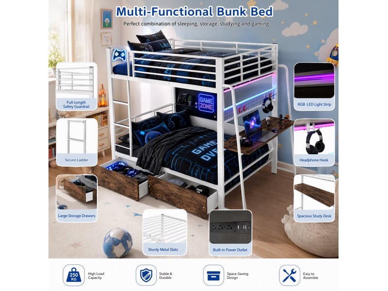  Lit mezzanine 140 × 200 cm 1 place avec bureau, led rgb, usb et type-c, 2 tiroirs, sans matelas, blanc et noyer  - Conforama E
