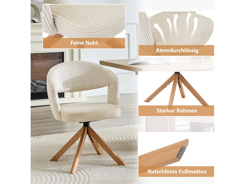  Lot de 2 chaises de salle à manger pivotantes,47x47,5x81,5 cm,velours côtelé,crème  - Conforama E