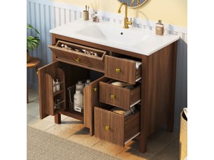 Meublede salle de bain 91 cm avec vasque céramique,91 x 48 x 88 cm,noyer,mdf et bois massif,texture ondulée,fermeture amortie