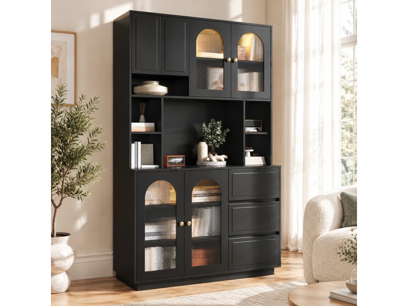  Buffet haut de cuisine avec bar ouverte et led réglable - lpospi - portes en acrylique, mdf noir  - Conforama B
