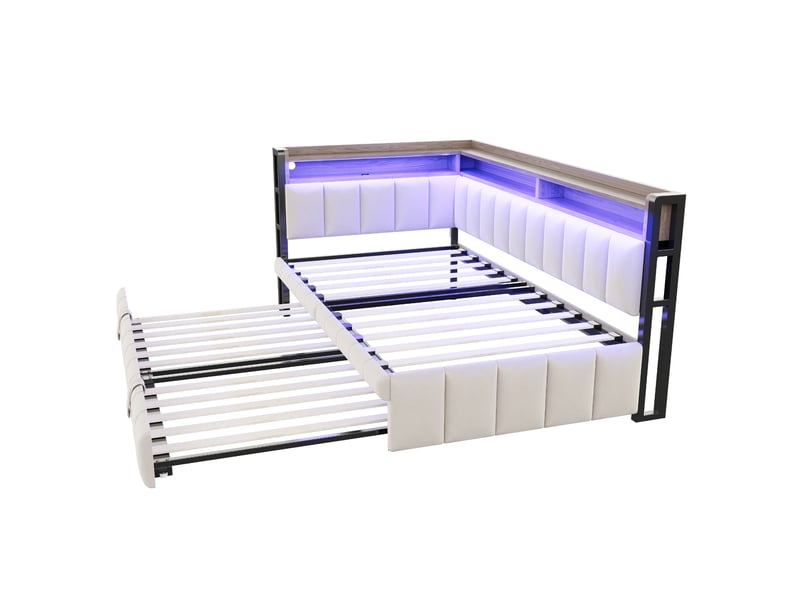  Lit canapé capitonné 90x200 cm beige, lit gigogne, led, usb et type-c, velours multifonction  - Conforama A