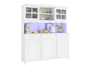Buffet de cuisine modenvie 135 x 40 x 185 cm avec rangements, prises, usb et led colorée blanc