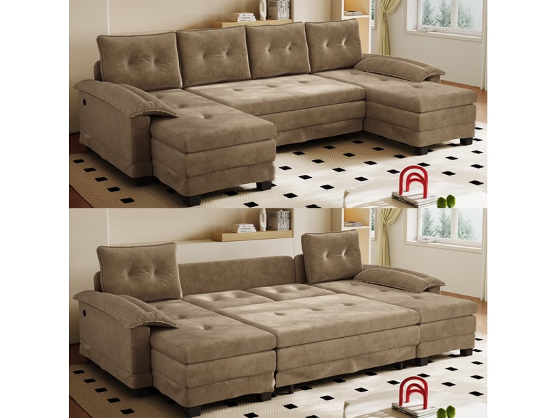 Canapé panoramique convertible 4 places kaki en chenille avec lit gigogne et ports usb - Conforama B
