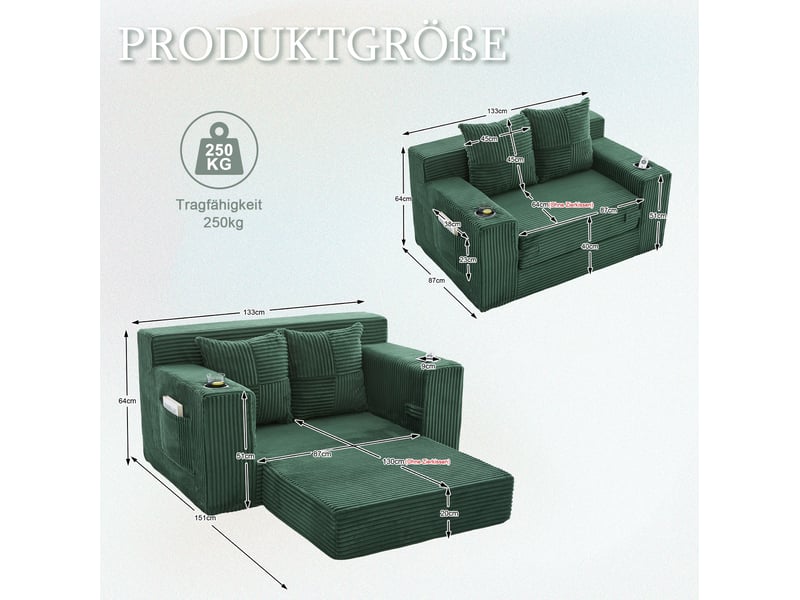  Canapé convertible 2 places avec poches latérales vert émeraude homvra  - Conforama E