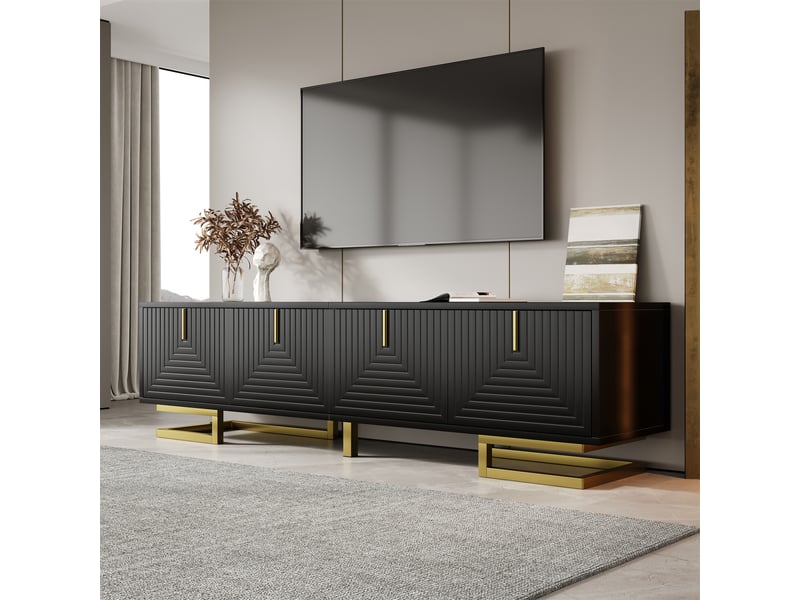  Meuble tv 160 x 38 x 44,5 cm, 4 portes texturées, étagères, fermeture amortie, pieds réglables, noir et doré, en panneaux de particules ABC - Conforama B