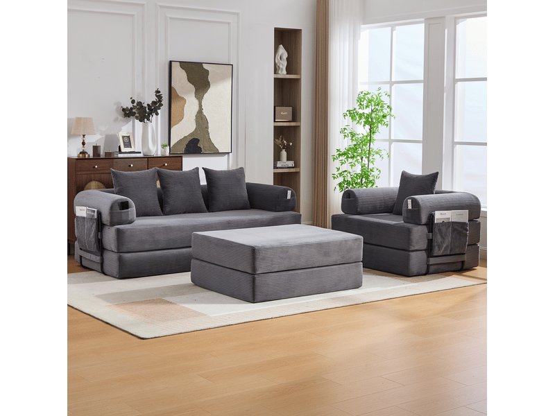  Canapé modulable 4 places avec pouf, coussins et poche latérale, à structure en métal, en tissu côtelé gris foncé  - Conforama C