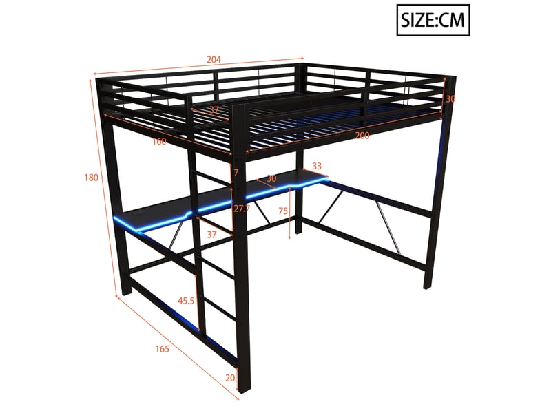  Lit mezzanine en métal 160x200 cm avec bureau, éclairage led et usb noir  - Conforama C