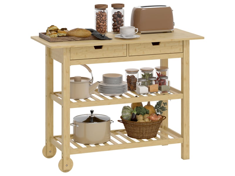  Desserte de cuisine 2 tiroirs 2 étagères en bambou 100 x 43 x 75 cm  - Conforama A