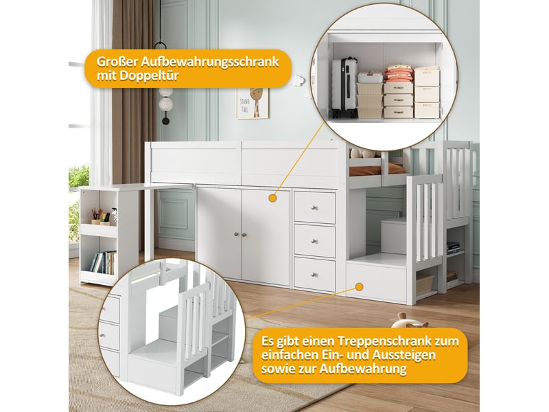 Lit mezzanine enfant 90x200 cm – blanc – bureau coulissant, armoire, tiroirs et rangements intégrés - Conforama E