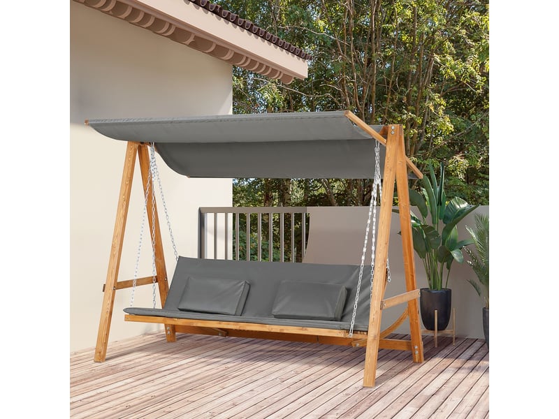  Banc de jardin 225 x 113 x 180 cm 3 places fonction lit toit intégré bois de pin couleur gris détails teck  - Conforama E