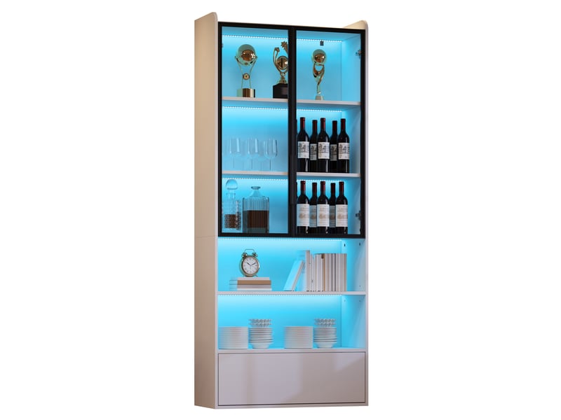  Vitrine haute 80x34x180 cm blanche avec led, portes en verre et tiroir  - Conforama A