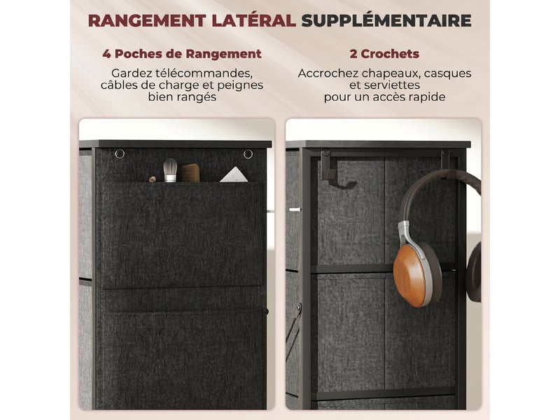  Commode 4 tiroirs en tissu, meuble de rangement avec 4 poches, 2 crochets, structure en acier, gris, 45 x 30 x 94,5 cm  - Conforama E