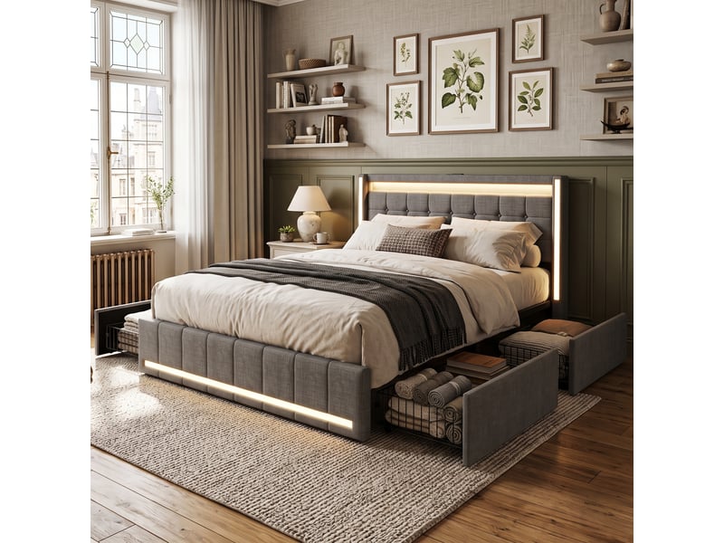 Dreammespace lit double standard 140x190 cm avec 4 tiroirs et prises usb type-c cadre led sommier à lattes tissu lin gris foncé DreamMespace - Conforama B