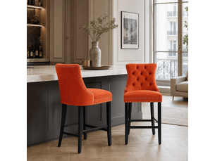 Lot de 2 tabourets de bar modernes en velours orange capitonnés avec pieds en bois et clous chromés