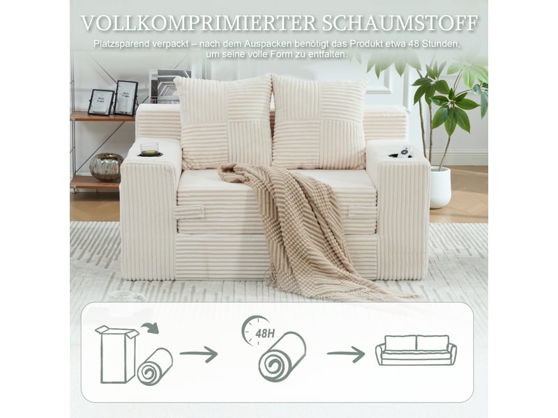  Fauteuil pouf double avec assise rembourrée, poches latérales et deux coussins en velours côtelé beige  - Conforama E