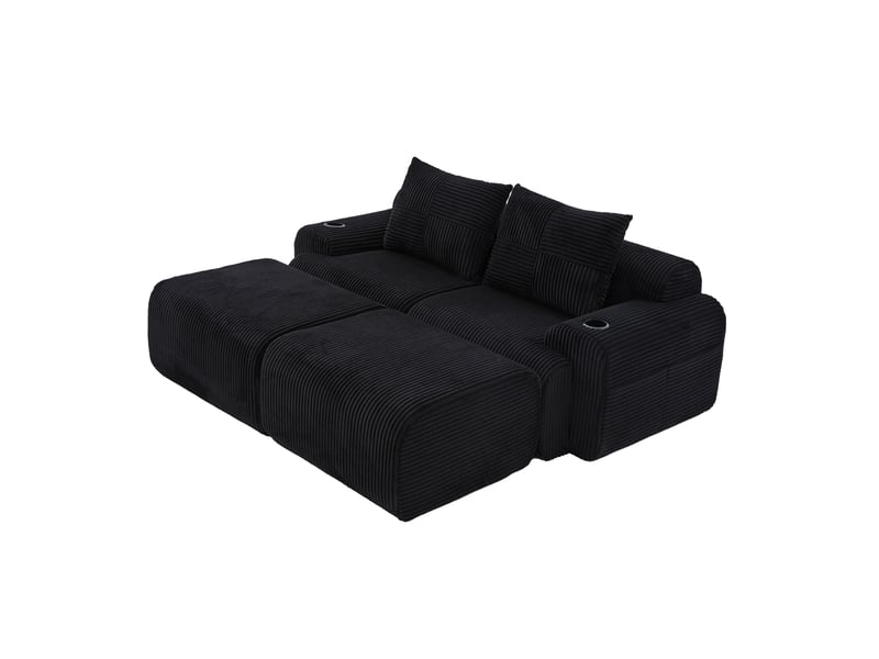 Canapé d'angle modulable 2 places en velours côtelé noir avec 2 poufs, porte-gobelets et poche latérale - Conforama A