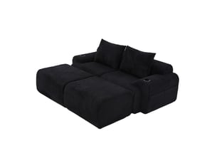 Canapé d'angle modulable 2 places en velours côtelé noir avec 2 poufs, porte-gobelets et poche latérale