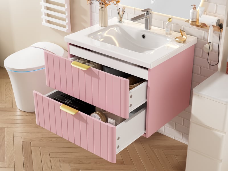  Meuble de salle de bain suspendu rose avec vasque. Meuble sous lavabo 60 cm avec rangement, structure mdf et céramique, rose et blanc.  - Conforama D