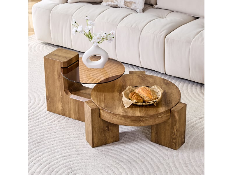  Lot de 2 tables basses rondes séparables ø 61 cm, h 30 cm en mdf et verre brun teinté  - Conforama C